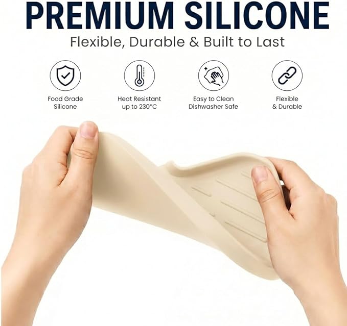 MicoYang Silicone Soap Dish with Drain Spout — Self-Draining Sink Organizer Tray for Bathroom & Kitchen, Sponges, Dispensers & Soap Holder, Non-Slip & Dishwasher Safe, Tapioca (Medium, 9.6"×5.3")