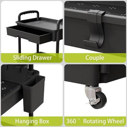 Sorgion 3 Tier Rolling Cart Organizer,Laundry Room Bathroom Organizers and Storage Office Shelves Mobile Shelving Unit Kitchen Trolley Cart with Wheels for Art,Craft,Diaper,Bedside,Snack(Black)
