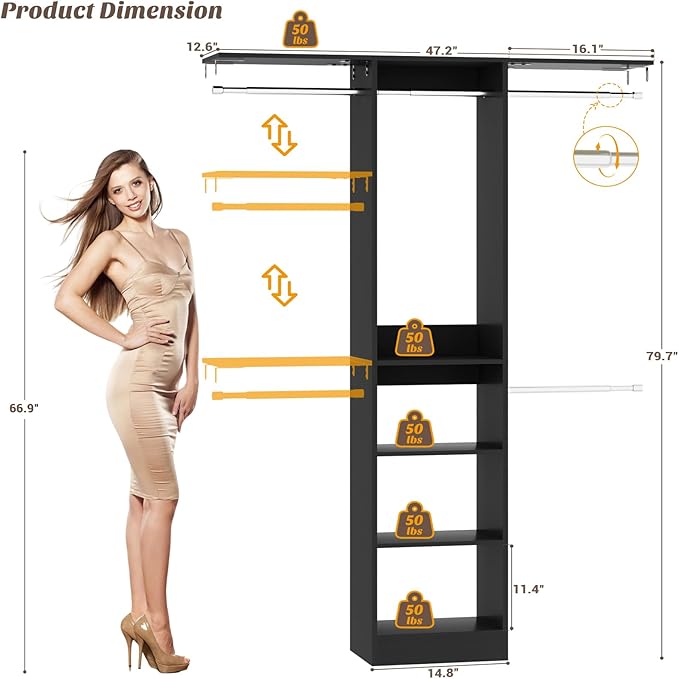 Cyclysio 4FT Small Closet System, 80"H Closet Organizer System with 4 Closets Rods & 3 Shelves, 48" Closets Organizers and Storage for Small Bedrooms, Laundry Rooms, Cloakrooms, Black