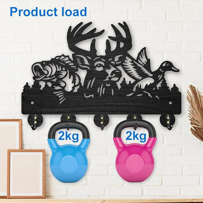 MAYJOYDIY Fish Deer Duck Key Holder for Wall Wooden Fish Bird Animal Key Rack 11.8×7.8inch Decorative Forest Tree Fishing Key Hanger with 5 Alloy Hooks for Entryway Front Door Kitchen Office
