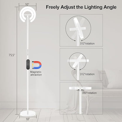 Torchiere Floor Lamp for Bedroom, 75.5 Inch Tall Corner Standing Lamp for Living Room with Rotatable Ring Lights, 36W Bright Dimmable LED Floor Light with Remote Control for Reading Office