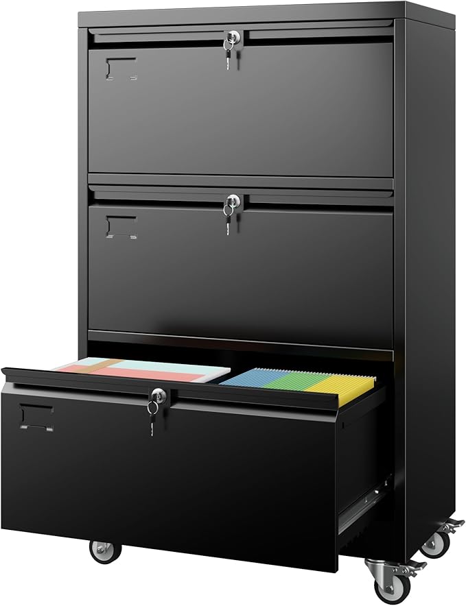 Aobabo 3 Drawer Lateral File Cabinet with Wheels, Lockable Metal Filing Cabinet for Home Office, Legal/Letter Size,Black,Required Assembled,15.87" D x 28.94" W x47.63 H