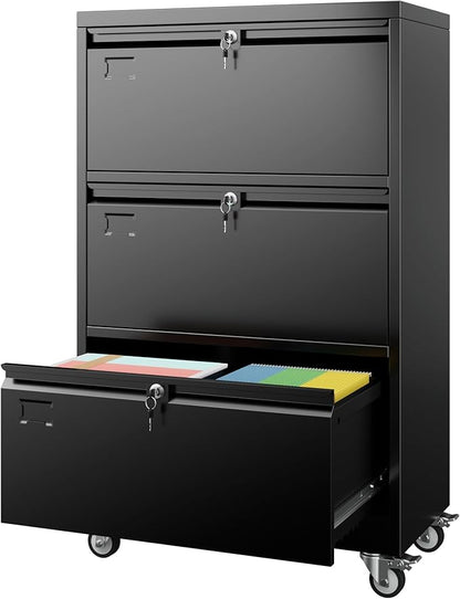 Aobabo 3 Drawer Lateral File Cabinet with Wheels, Lockable Metal Filing Cabinet for Home Office, Legal/Letter Size,Black,Required Assembled,15.87" D x 28.94" W x47.63 H