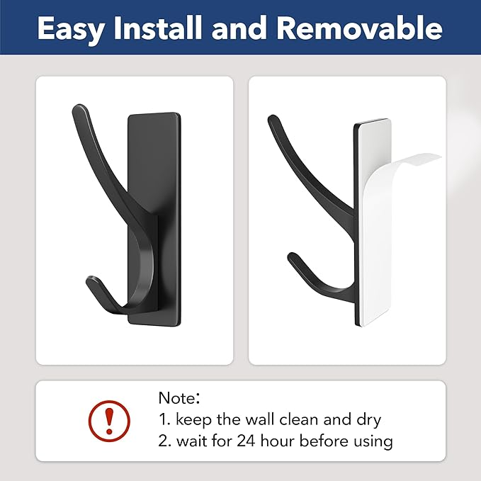 pickpiff Self Adhesive Coat Hooks for Hanging: Heavy Duty Stainless Wall Hook for Towel, Utensil, Backpack, Hat, Sturdy Metal Hanger for Bathroom, Kitchen, Door, 4-Pack, Matt Black