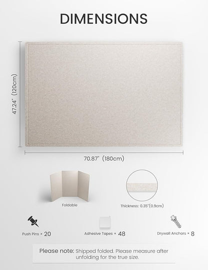 Fluxynara Large Bulletin Board, 70.8" x 47.2" Cork Board Alternative with 48 Safe Removable Adhesive Tabs, Foldable Felt Pin Board for Home Office, Classroom, Bedroom,Entryway for Walls— Oatmeal
