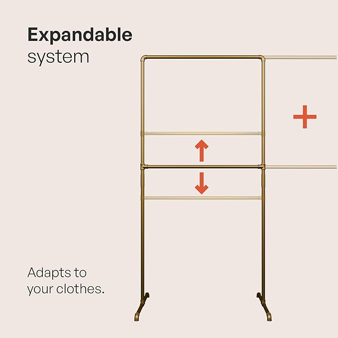 pamo Gold Clothing Rack – 38.98" W x 76.38" H – Industrial Pipe Metal Garment Organizer for Bedroom or Retail – Heavy-Duty Clothes Rack – Easy Assembly