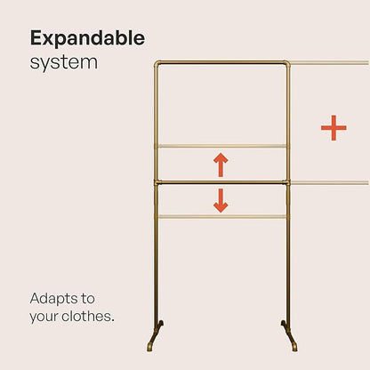 pamo Gold Clothing Rack – 38.98" W x 76.38" H – Industrial Pipe Metal Garment Organizer for Bedroom or Retail – Heavy-Duty Clothes Rack – Easy Assembly