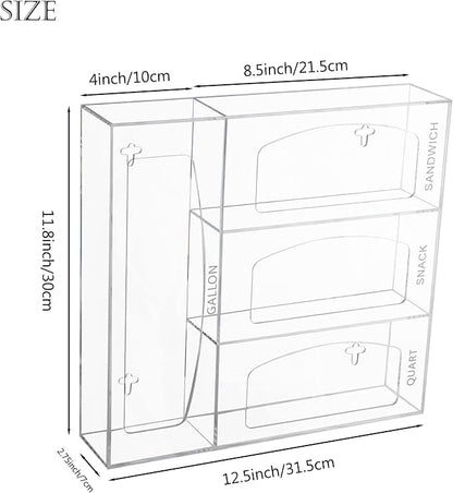 Acrylic Bag Storage Organizer for Kitchen Drawer, Food Storage Bag Organizer Holder Compatible with Ziplock, Glad, Hefty, Gallon, Quart, Sandwich & Snack Variety Size Bag (Clear)