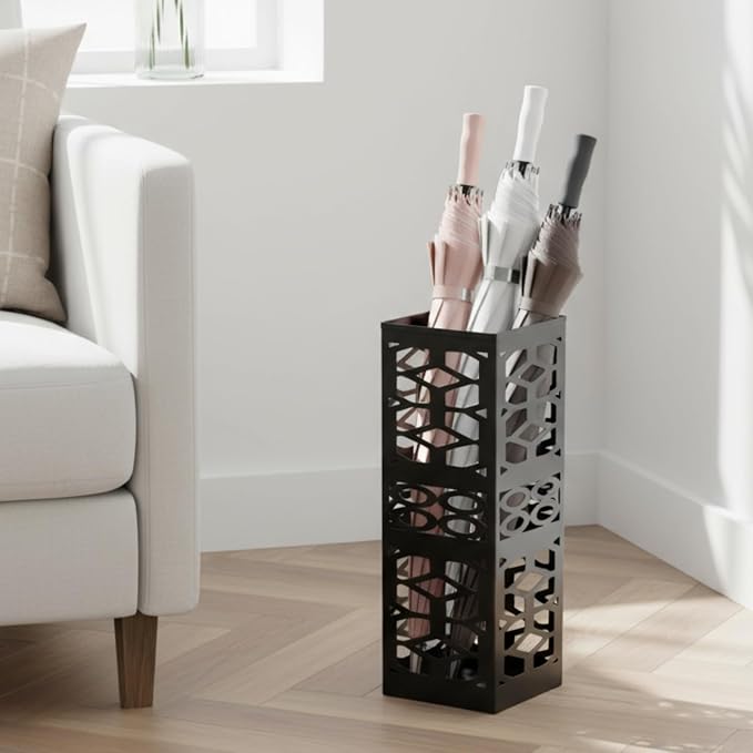 ZENFUN Metal Umbrella Holder Stand for Entryway, Square Umbrella Organizer, Walking Sticks Storage Bin Freestanding for Home, Office, Hotel, Black, 5.9 x 5.9 x 15.7 Inches