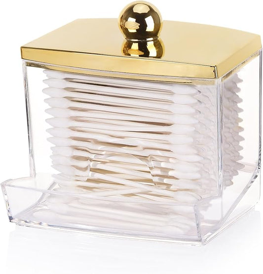 Tbestmax 10oz Qtip Holder Dispenser L Size Bathroom Container with Gold Lid for Bathroom Organizer Accessories Decor Storage-Qtips Cotton Ball Holder