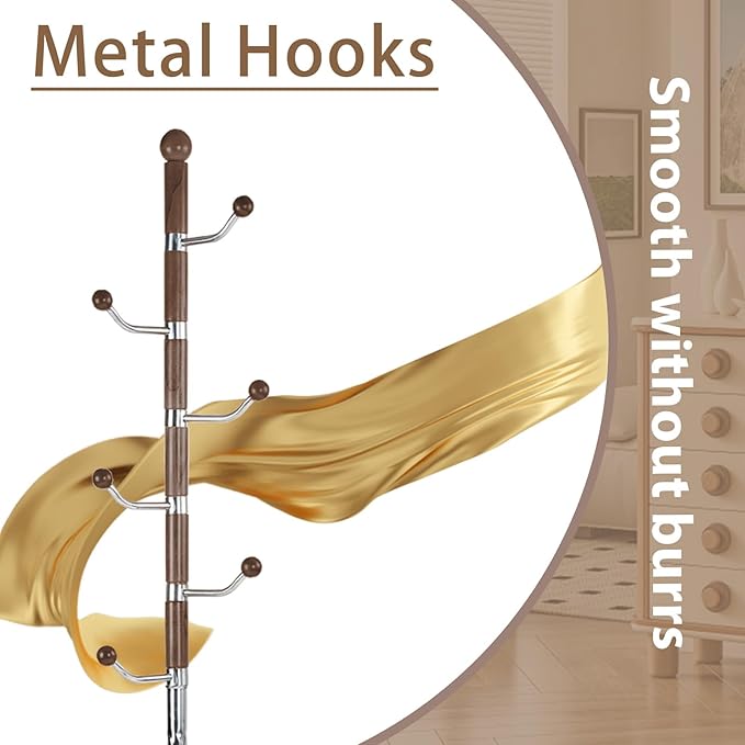 Solid Wooden Coat Rack Stand, Coat Racks Freestanding with 6 Hooks, Natural Birch Wood Coat stands with Sturdy Round Base, Tree Coat Hanger Standing for Entryway Bedroom Office (Walnut)