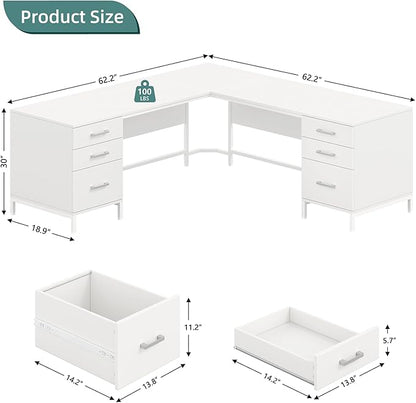 TVU 59’’ L Shaped Desk with 6 Wooden Drawers, Large Home Office Corner Computer Desk with Storage File Cabinet, Modern Metal Wood Desk for Executive Writing Study Workstation, White