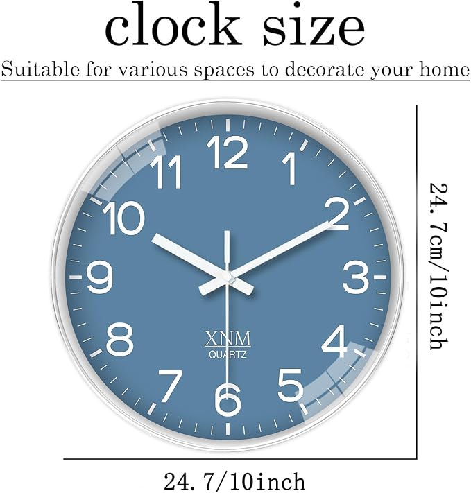 XNM Modern Blue Wall Clocks Battery Operated 10 Inch Classic Analog Clock for Home Office Bedroom Decor Minimalist Wall Clock Silent Non Ticking