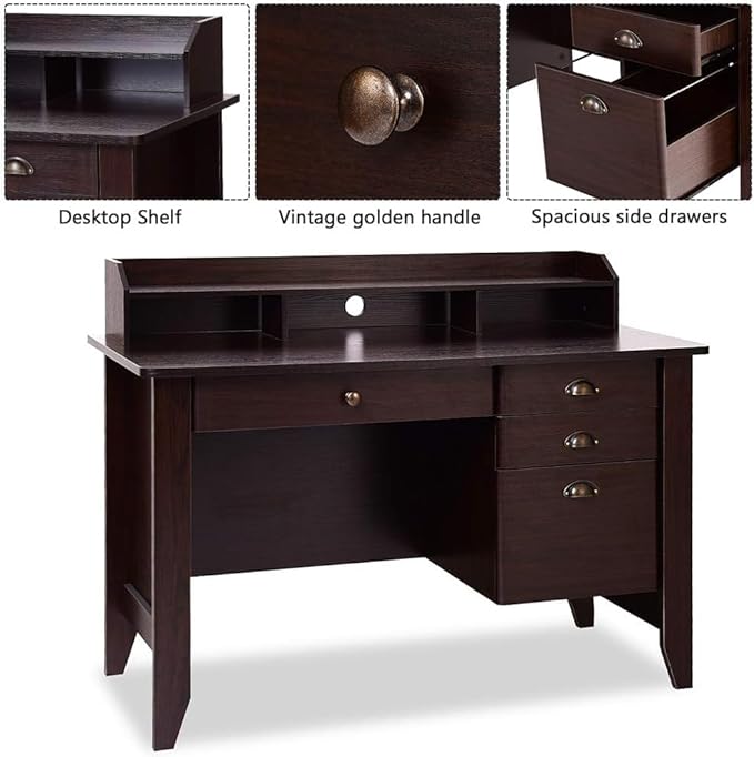 Safeplus 48" Computer Desk with 4 Storage Drawers and Hutch Wood Executive Table for PC Laptop