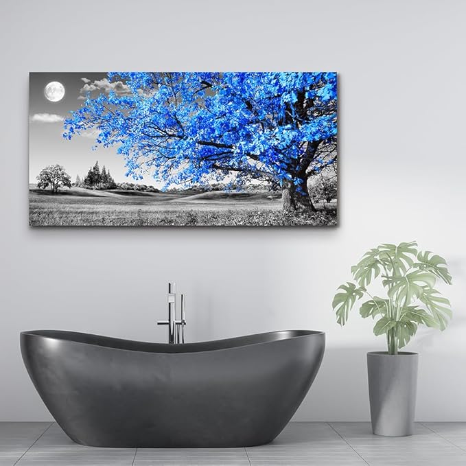 large wall art for living room Blue moon tree landscape Abstract painting office bedroom Wall Decor 30" x 60" single Pieces Canvas Prints Ready to Hang for Home Decoration Black and white Works of art