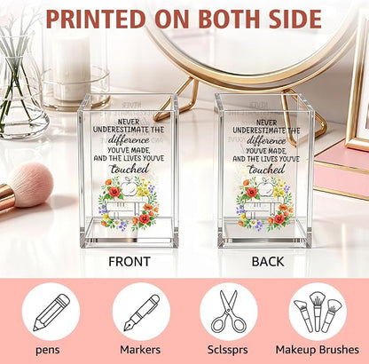 Never Underestimate The Difference You’ve Made Acrylic Pencil Holder Cup, Appreciation Gifts for Teacher, Home Office Desk Organizer, Floral Pen Holder for School Classroom, Teacher's Day Gifts