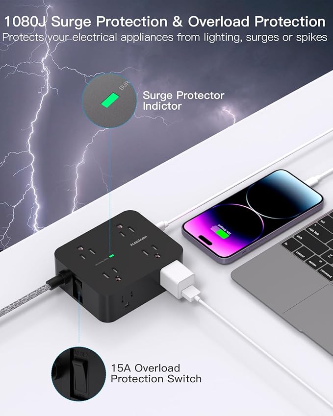 Long Extension Cord 15 ft, HANYCONY Surge Protector Power Strip 15 Feet with 4 Outlets 4 USB Ports (2 USB C), 3 Prong Desk Charging Station, Wall Mount for Indoor Essentials