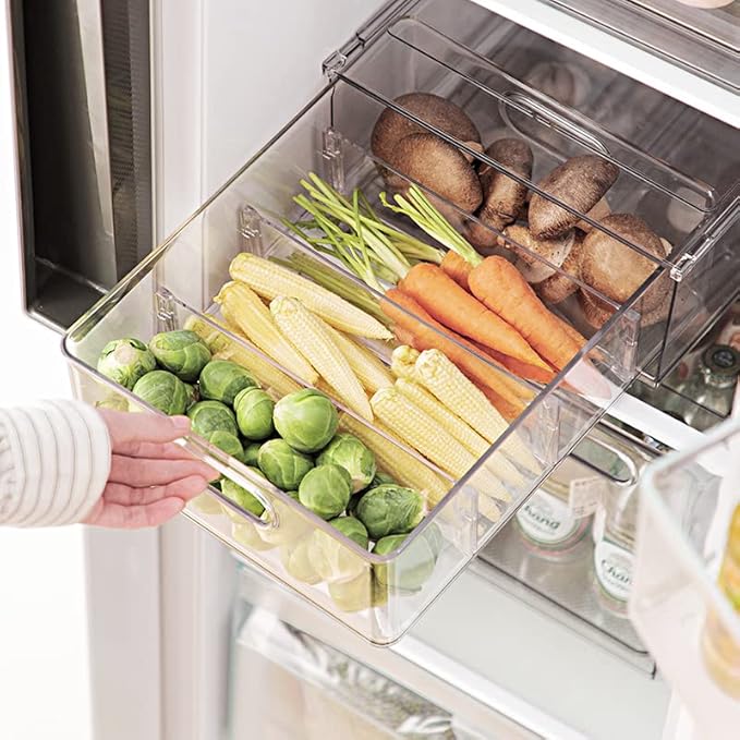 Abiudeng 2 Pack Stackable Refrigerator Organizer Bins with Pull-out Drawer, Drawable Clear Fridge Drawer Organizer with Handle, Plastic Kitchen Pantry Storage Containers
