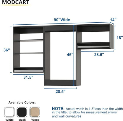 Modular Closet Structure, 90" Wide Organizer with Shelving, Wood Tower Storage for Walk-In Closets, Wall-Mounted Wardrobe Organizer Kit, Bedroom, Black