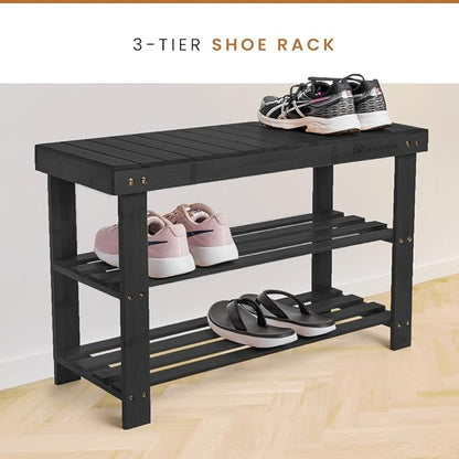 Leaf & Grain Bamboo Shoe Rack - Shoe Storage Bench for Front Door Entrance – Entryway Bench with Shoe Shelf, Shoe Storage Organizer, Wooden Shoe Rack, Durable Shoe Bench for Home (Black)