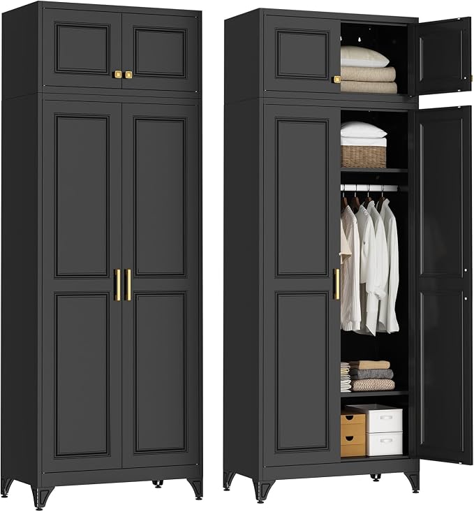 SteeLoong 86" Metal Armoire Wardrobe Closet with Doors,BlackTall Clothing Storage Cabinet with Adjustable Shelves and Hanging Rod,Wardrobe Closet for Bedroom,Home,Office,Gym