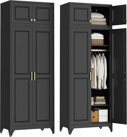 SteeLoong 86" Metal Armoire Wardrobe Closet with Doors,BlackTall Clothing Storage Cabinet with Adjustable Shelves and Hanging Rod,Wardrobe Closet for Bedroom,Home,Office,Gym