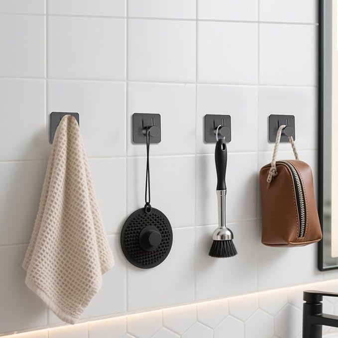 Black Adhesive Towel Hooks Heavy Duty Stick on Wall Hooks Shower Hooks for Bathroom Kitchen Door-4 Packs