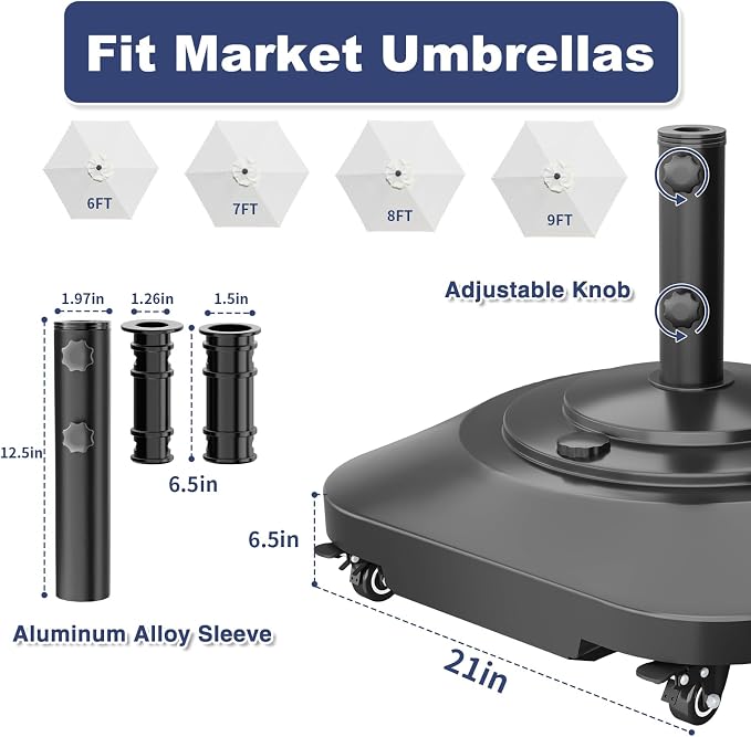 Patio Umbrella Base with 5 Wheels, Umbrella Stand Heavy Duty 130lb Fillable Umbrella Holder Mobile Square Market Stand for Outdoor, Deck, Poolside, Lawn, Fits Muti Sized Umbrellas (21in)