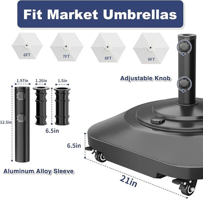 Patio Umbrella Base with 5 Wheels, Umbrella Stand Heavy Duty 130lb Fillable Umbrella Holder Mobile Square Market Stand for Outdoor, Deck, Poolside, Lawn, Fits Muti Sized Umbrellas (21in)