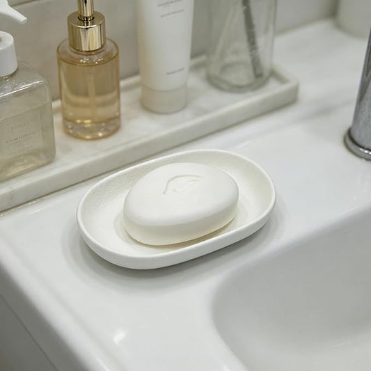 Ceramic Soap Dishes for Bar Soap- Matte White Textured Finish Bar Soap Holder for Bathroom Kitchen Sink & Shower - Easy to Clean Simple Oval Soap Dish Soap Tray for Soap Bars, Sponges, Jewelry