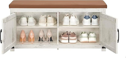 Shoe Storage Bench, 2 Tier Shoe Bench with Padded Seat Cushion & 2 Barn Doors, Entryway Bench with Adjustable Shelf, Farmhouse Shoe Cabinet for Living Room, Bedroom, Antique White SB26614KA