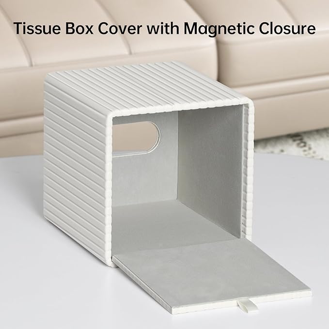 MEIBOOCH PU Leather Tissue Box Cover Square Tissue Box Holder with Magnetic Closure (Ivory Stripe)