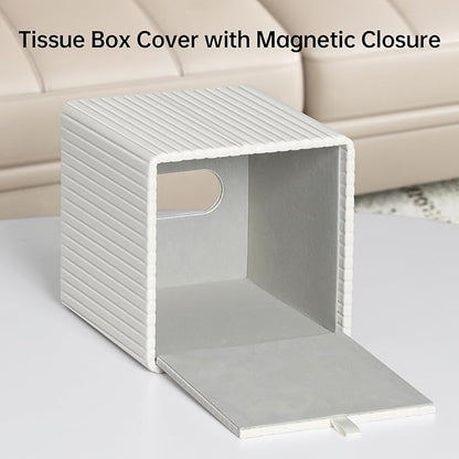 MEIBOOCH PU Leather Tissue Box Cover Square Tissue Box Holder with Magnetic Closure (Ivory Stripe)