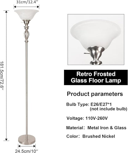 HonoDing Torchiere Floor Lamps for Living Room & Bedroom – Stand Up Lamp with Corner Floor Lamp Design – Traditional Iron Scroll 70" Tall Alabaster Glass Bowl Shade (Brushed Nickel)