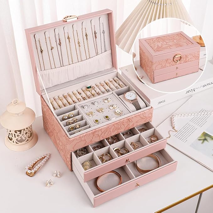 Jewelry Organizer Box, Large Jewelry Boxes for Women, 3-Layer Jewelry Holder Organizer for Necklace Earrings Rings Bracelets Storage, Gift for Her Mom