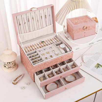 Jewelry Organizer Box, Large Jewelry Boxes for Women, 3-Layer Jewelry Holder Organizer for Necklace Earrings Rings Bracelets Storage, Gift for Her Mom