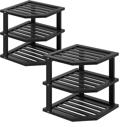 3 Tier Bamboo Corner Shelf(2 Pack),Dish Drying Rack,Plate Organizer,Kitchen Spice Rack for Countertop and Cabinet(Black)
