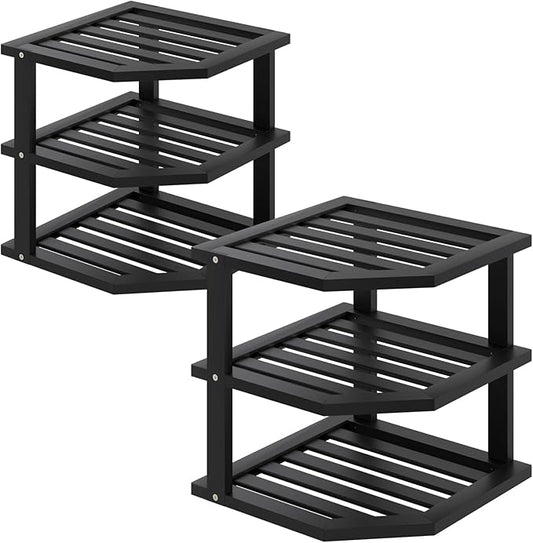 3 Tier Bamboo Corner Shelf(2 Pack),Dish Drying Rack,Plate Organizer,Kitchen Spice Rack for Countertop and Cabinet(Black)