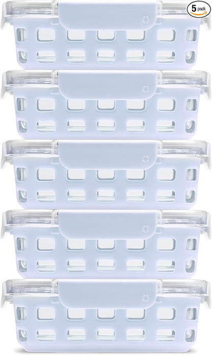 Ello Duraglass 3.4 Cup Meal Prep Sets 10Pc, 5 Pack Set- Glass Food Storage Container with Silicone Sleeve and Airtight BPA-Free Plastic Lids, Dishwasher, Microwave, and Freezer Safe, Halogen Blue