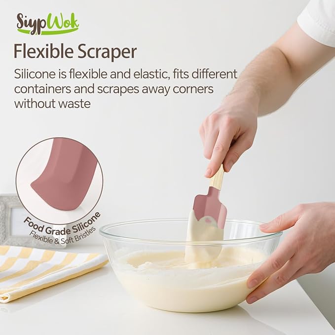 5 Pcs Silicone Spatula Set,Food Grade Silicone Spatula Nonstick Rubber Spatulas with Wooden Ergonomic Grip,Spoonula,Jar Scraper for Cooking,Baking,Mixing,Frosting-Heat Resistant Up to 428°F(Pink)