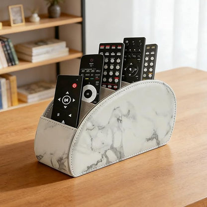 Remote Control Holder with 5 Compartments – [Upgrade Version] PU Leather Remote Caddy Desktop Organizer Store TV, DVD, Blu-Ray, Media Player, Smart Phones, Heater Controllers(Marble white)