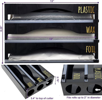 OnDisplay Luxe Acrylic 3-in-1 Plastic Wrap/Wax Paper/Aluminum Foil Dispenser for Drawer or Wall Mountable - Cling Wrap/Parchment Paper/Tin Foil Holder for Kitchen (Black 3-in-1)