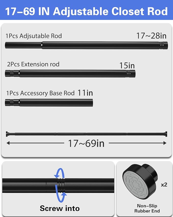 Supforce No Drilling Closet Rods for Hanging Clothes, Non Slip Tension Rod with Heavy Duty Clothes Hanging Rod, 17-69 Inches Adjustable Spring Closet Rod for Closet Wardrobe Bathroom Laundry RV, Black