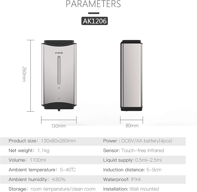 AIKE Automatic Soap Dispenser Commercial Wall Mounted Liquid Dispenser Polished Stainless Steel Finish 1100ml Large Capacity