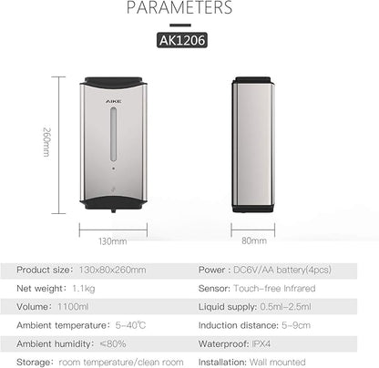 AIKE Automatic Soap Dispenser Commercial Wall Mounted Liquid Dispenser Polished Stainless Steel Finish 1100ml Large Capacity