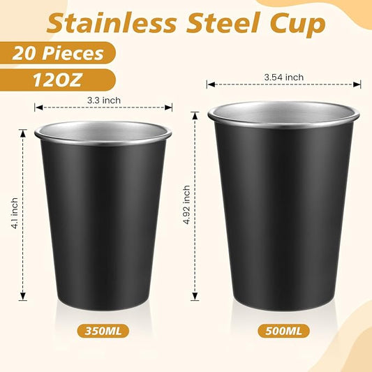 Mimorou 20 Pack 12 oz Stainless Steel Pint Cups Metal Cups Unbreakable Drinking Water Tumblers Stackable Tumbler for Adults Bar Home Restaurant Travel Picnic Camping Outdoor (Black)