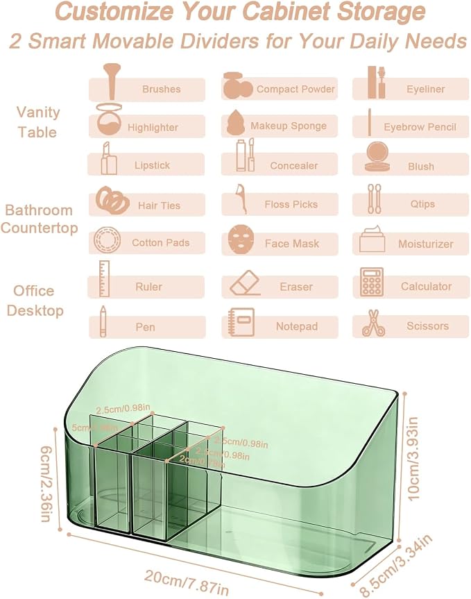 Makeup Tray Holder Organizer Cosmetic Display Case Tabletop Desktop Vanity Countertop Bathroom Wall Cabinet Medicine Storage Box 9 Dividers 2 Removable Women Ladies Girls Gifts Crystal Green 1 PACK
