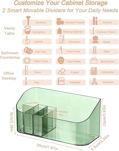 Makeup Tray Holder Organizer Cosmetic Display Case Tabletop Desktop Vanity Countertop Bathroom Wall Cabinet Medicine Storage Box 9 Dividers 2 Removable Women Ladies Girls Gifts Crystal Green 1 PACK