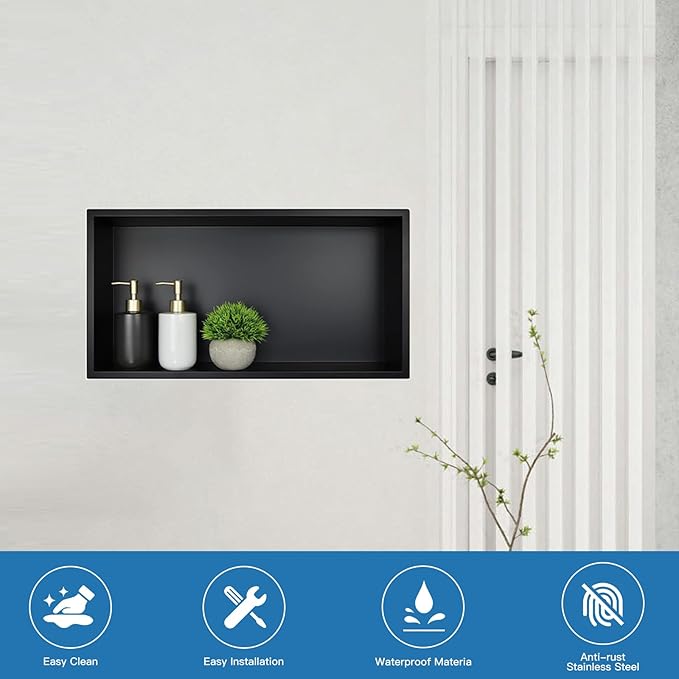 Shower Niche 24 x 12, Matte Black Stainless Steel Shower Niche Shelf Recessed for Bathroom Storage No Tile Needed Over Mount Installation