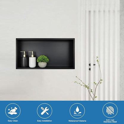 Shower Niche 24 x 12, Matte Black Stainless Steel Shower Niche Shelf Recessed for Bathroom Storage No Tile Needed Over Mount Installation
